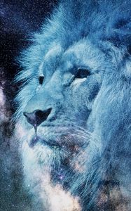 Превью обои лев, морда, звездное небо, звезды, фотошоп, король зверей, хищник