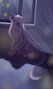 Превью обои лев, окно, арт, ночь
