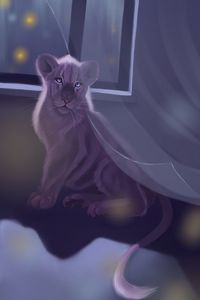 Превью обои лев, окно, арт, ночь