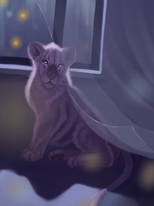 Превью обои лев, окно, арт, ночь