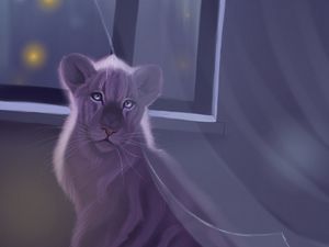 Превью обои лев, окно, арт, ночь
