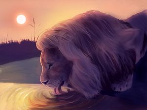 Превью обои лев, вода, высунутый язык, арт, дикая природа