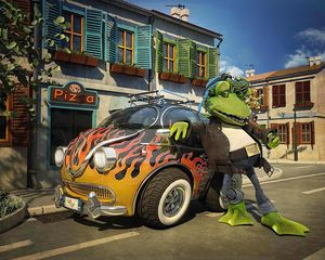 Превью обои лягушка, автомобиль, крутой, улица, стильный, мультипликация