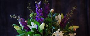 Превью обои лилии, дельфиниум, гортензия, цветы, букет, композиция, оформление