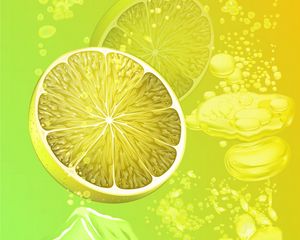 Превью обои лимон, лед, арт, дольки, пузыри, жидкость