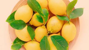 Превью обои лимоны, листья, тарелка, фрукты