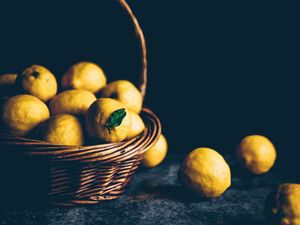 Превью обои лимоны, цитрус, корзина, плоды, кислый, желтый