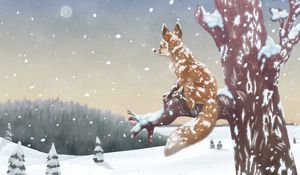 Превью обои лиса, дерево, снег, зима, арт