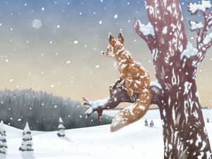 Превью обои лиса, дерево, снег, зима, арт
