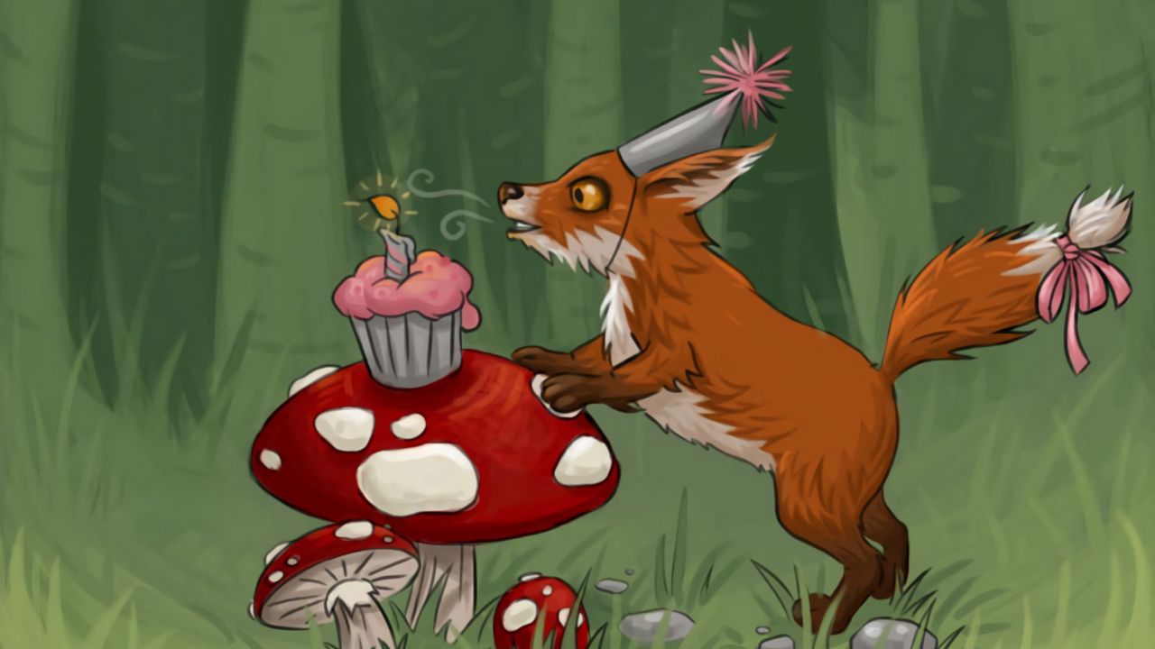 Обои лиса, грибы, кекс, день рождения, арт