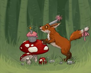 Превью обои лиса, грибы, кекс, день рождения, арт