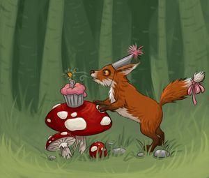 Превью обои лиса, грибы, кекс, день рождения, арт