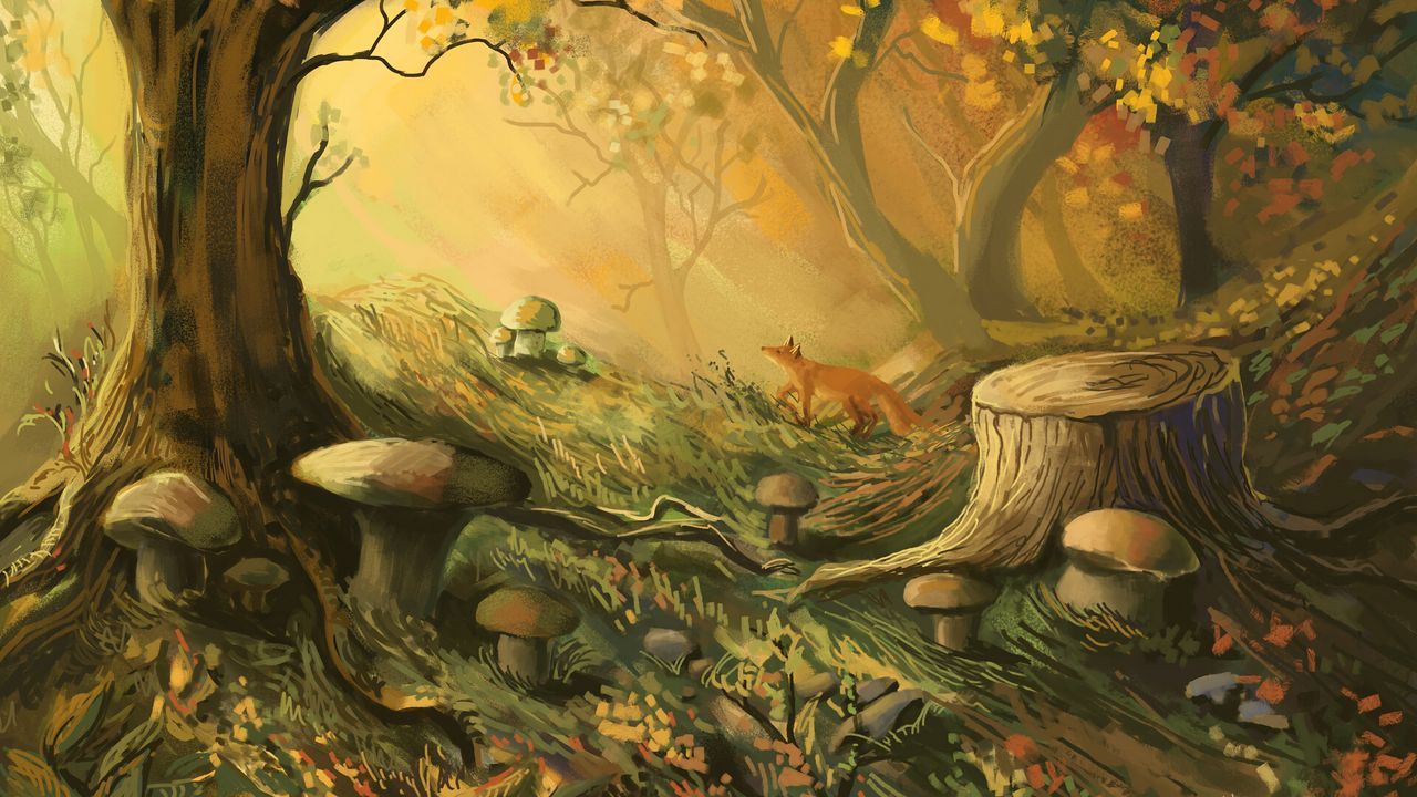 Обои лиса, лес, деревья, грибы, арт
