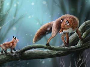 Превью обои лиса, профиль, ветка