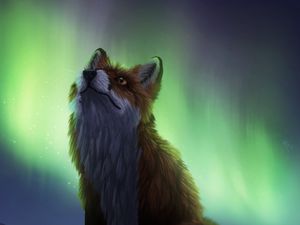 Превью обои лиса, северное сияние, ночь, темный, арт