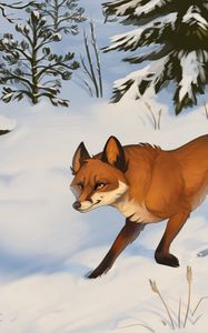 Превью обои лиса, снег, арт, лес, зима