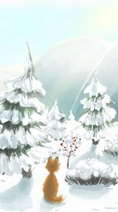 Превью обои лиса, снег, деревья, зима, арт