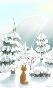 Превью обои лиса, снег, деревья, зима, арт