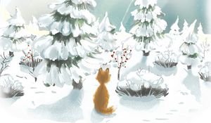 Превью обои лиса, снег, деревья, зима, арт