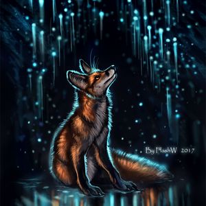 Превью обои лиса, свечение, блики, арт, ночь