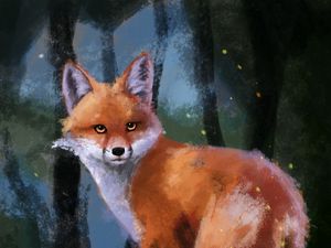 Превью обои лиса, взгляд, животное, лес, арт