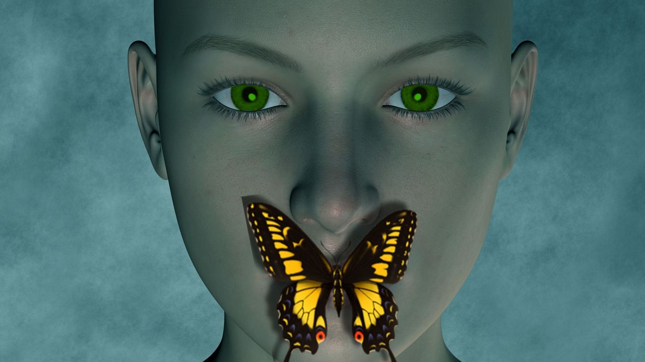 Обои лицо, бабочка, молчание, зеленоглазая