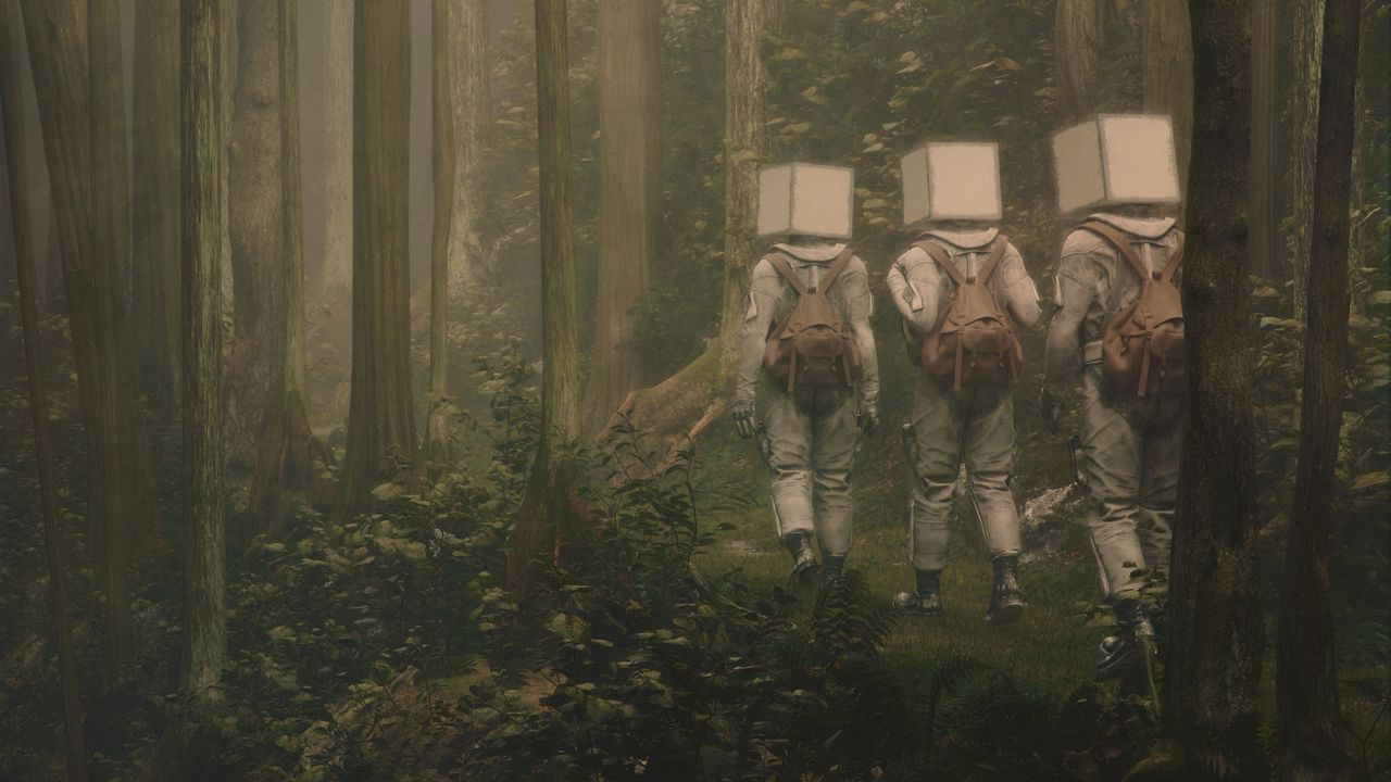 Обои люди, кубы, рюкзаки, лес, фэнтези, туман, арт