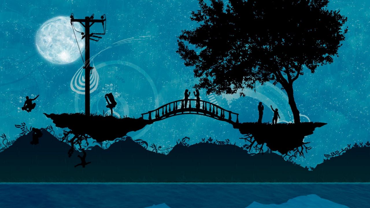 Обои люди, мост, деревья, романтика, силуэты, провода, море, островки