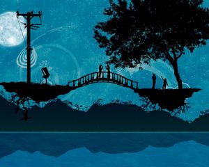 Превью обои люди, мост, деревья, романтика, силуэты, провода, море, островки