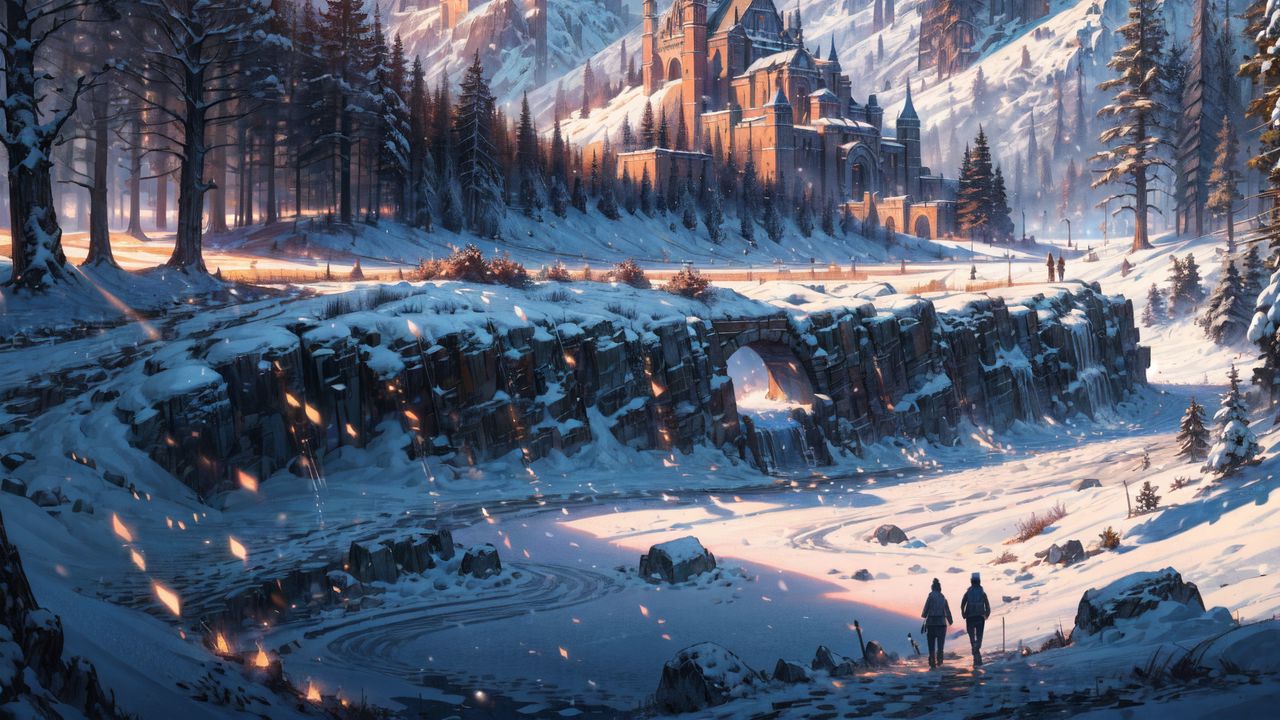 Обои люди, замок, горы, снег, зима, арт