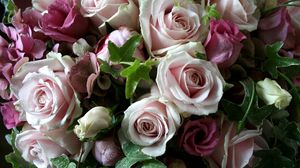 Превью обои лизиантус рассела, розы, цветы, букет, капли, свежесть, листья