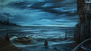 Превью обои лодка, берег, море, волны, арт