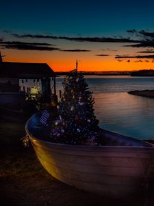 Превью обои лодка, елка, река, новый год, рождество