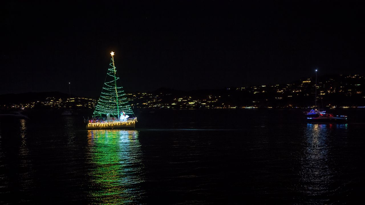 Обои лодка, гирлянда, елка, река, ночь, новый год, рождество