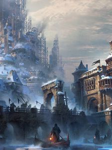 Превью обои лодка, город, река, мост, здания, арт