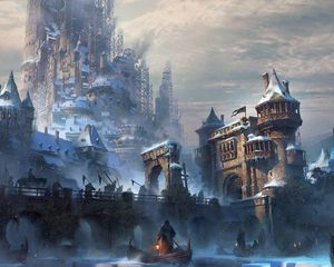 Превью обои лодка, город, река, мост, здания, арт
