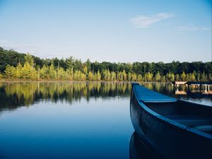 Превью обои лодка, каноэ, озеро, деревья