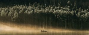 Превью обои лодка, лес, холм, вода, туман