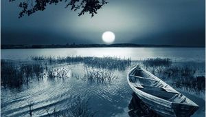 Превью обои лодка, луна, диск, свет, темнота, трава, наклон, водоем