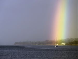 Превью обои лодка, мачта, море, радуга