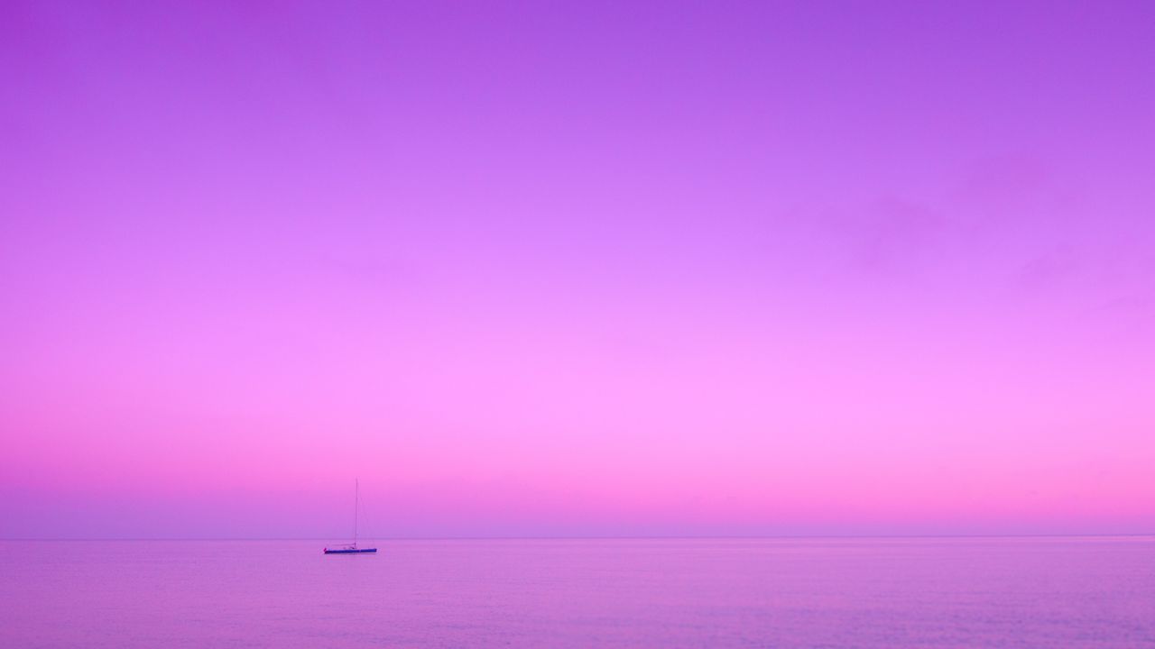 Обои лодка, море, горизонт, сиреневый