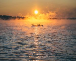 Превью обои лодка, море, туман