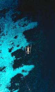 Превью обои лодка, море, вид сверху, вода, риф