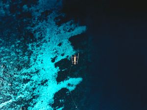 Превью обои лодка, море, вид сверху, вода, риф