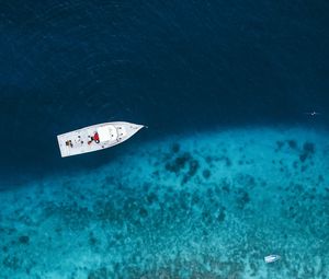 Превью обои лодка, море, вид сверху, вода, пляж