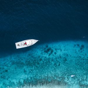 Превью обои лодка, море, вид сверху, вода, пляж