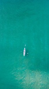 Превью обои лодка, море, вода, вид сверху, минимализм