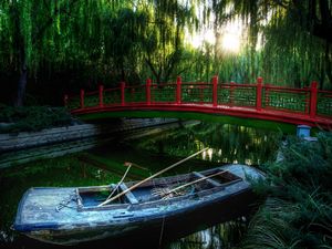 Превью обои лодка, мост, река, китай, лес, растительность, весла