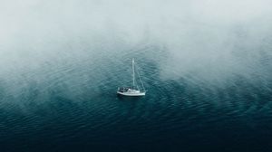 Превью обои лодка, океан, туман, одинокий