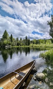 Превью обои лодка, озеро, лес, природа